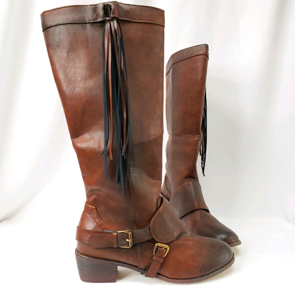 Tall Faux Leather Boots with Tassle